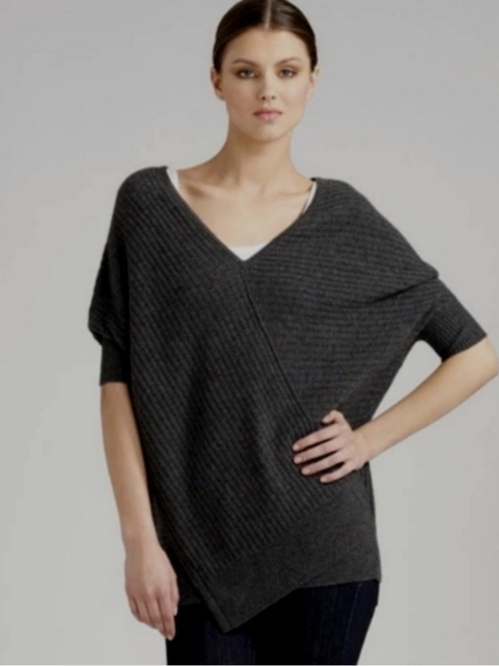 Vince Yak Wool Blend Asymmetrical Ribbed Dolman Sweater Charcoal Gray Size Small